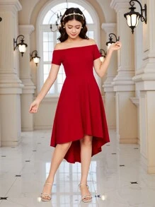 Vestido corto de punto, de hombros descubiertos, con cuello elástico y manga corta, diseño sencillo para uso casual y elegante, ideal para adolescentes, para usar al aire libre en Navidad - Burdeos - Ver 3
