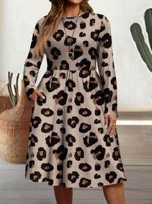 EMERY ROSE Casual Minimalist Leopard Print Pattern Fitted Crew Neck Long Sleeve Plus Size Dress, Suitable For Autumn & Winter - Multicolor - View 6