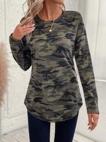 EMERY ROSE 女士迷彩印花长袖休闲圆领运动衫，秋季 - 軍綠色 - 查看 4
