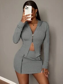 Slaydiva 女式纯色长袖前拉链连帽上衣和紧身裙休闲套装，秋季 - 灰色 - 查看 1