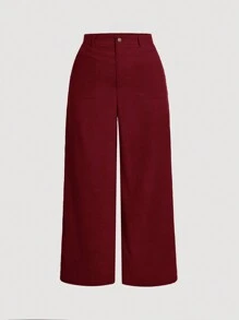 SHEIN PETITE CURVE Plus Size Solid Color Button Front Pocket Minimalist Design Casual Corduroy Pants