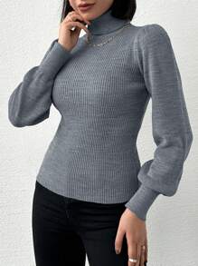 Cloudara Turtleneck Lantern Sleeve Sweater - Grey - View 4