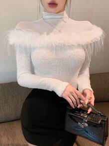 DAZY 情人节女士高领网眼毛绒拼接长袖上衣，秋季服装 - 白色 - 查看 10