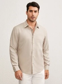 Manfinity VCAY 1 pieza Camisa de manga larga casual de hombre con cuello vuelto liso y abotonadura, adecuada para uso diario - Caqui - Ver 3