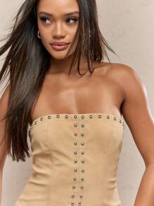 MISSGUIDED 铆钉 Midaxi 连衣裙露肩晚会绒面直筒礼服银色金属配件装饰修身奢华派对秋冬时尚