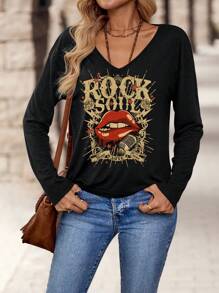 EMERY ROSE Casual Lip Text & Country Music Festival Graphic V-Neck Long Sleeve T-Shirt For Women, Suitable For Autumn/Winter