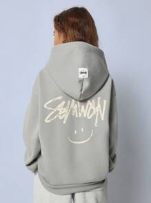 SUMWON Oversized, locker sitzender Pullover-Hoodie mit besticktem Gesichtslogo, grafischem Motiv vorne und hinten, Streetwear-Mode für Herbst/Winter, Jugendmode, lässiger Komfort - Grau - Übersicht 1