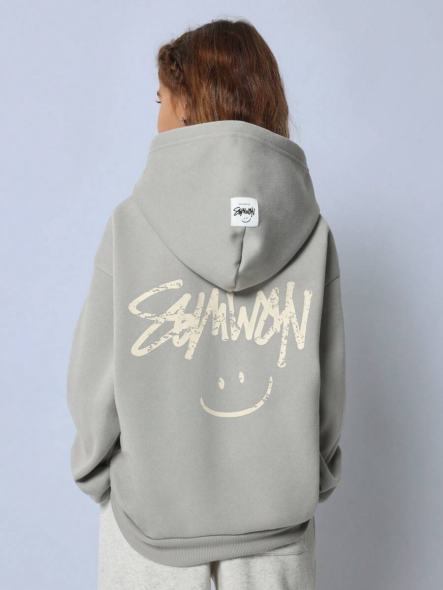 SUMWON Oversized, locker sitzender Pullover-Hoodie mit besticktem Gesichtslogo, grafischem Motiv vorne und hinten, Streetwear-Mode für Herbst/Winter, Jugendmode, lässiger Komfort - Grau - Übersicht 1