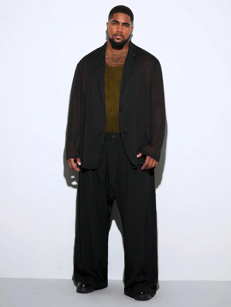 Manfinity VCAY Quần dài dệt rộng rãi thường ngày cỡ lớn cho nam, quần dài ống rộng trơn thời trang đi chơi, quà tặng cho chồng, bạn trai - màu đen - Xem 1