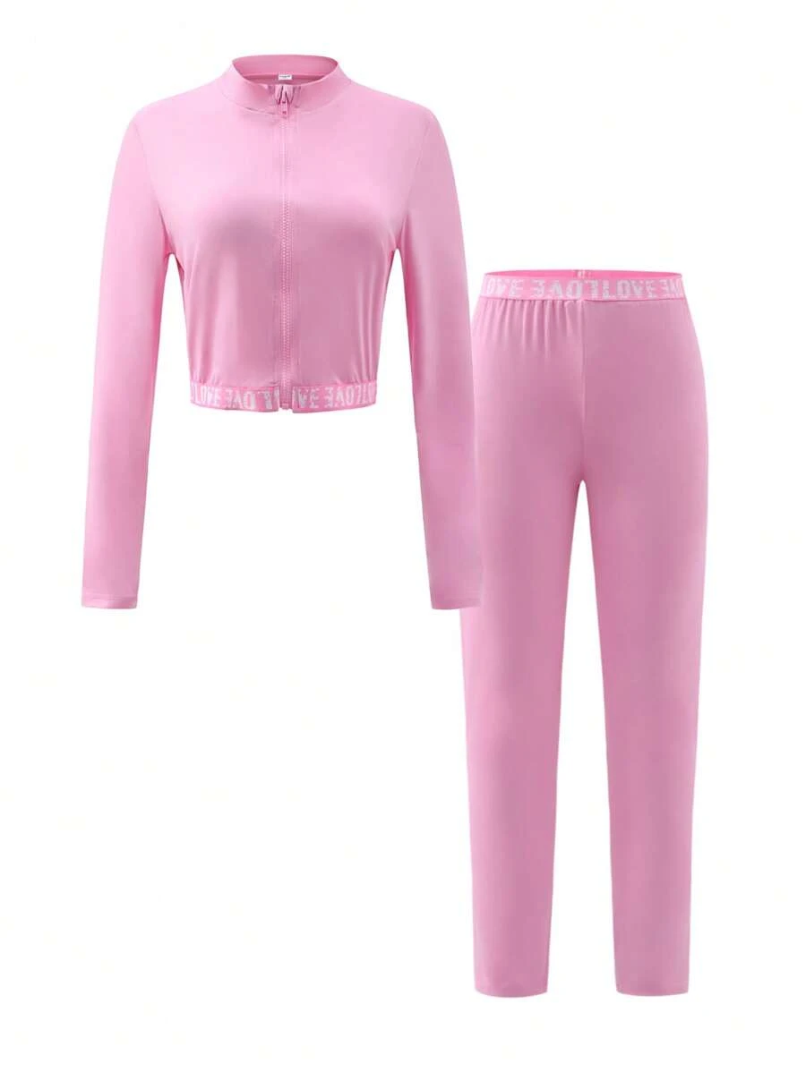 SHEIN Explorewe Teen Girl Casual Sports Letter Pattern Zip-Up Jacket & Leggings Set - Baby Pink - View 1