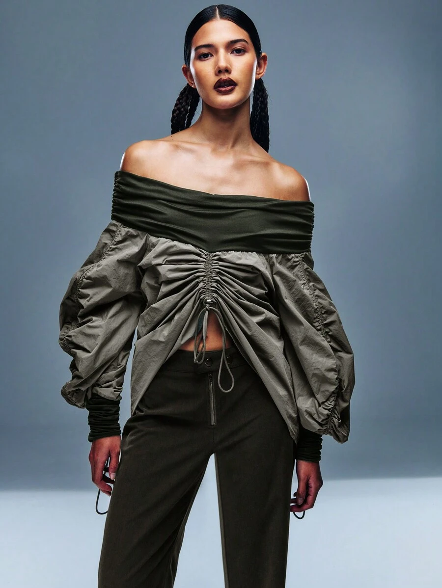 TypaGal Khaki Green One Shoulder Puff Sleeve Drawstring Shirt Winter Fall Cloth For Women - Green - View 1