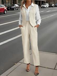 EMERY ROSE Women Front Button Plain Sleeveless Top And Trousers Two-Piece Casual Suit - Khaki - View 3