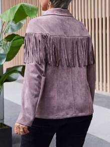 EMERY ROSE Plus Size Women's Autumn Patchwork Fringe Design Long Sleeve Biker Jacket,Autumn&Winter Women Clothes,Plus Size Fall Clothes - Dusty Pink - View 2