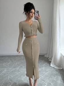 Chiquease 2 件 V 领纯色长袖针织上衣和开衩下摆修身半身裙套装 - 杏色 - 查看 7