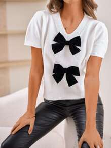 INAWLY Short Sleeve Bow Decor Casual Minimalist V-Neck Knit Pullover - White - View 4