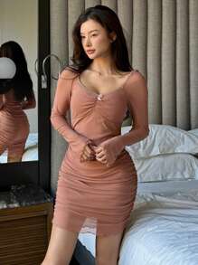 DAZY Tulle Contrast Lace Bowknot Slim Fit Short Nightgown Pajama - Pink - View 1