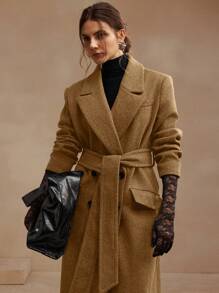 Anewsta 女士优雅现代棕色和芥末色系带中长款西装外套 - 摩卡棕 - 查看 3