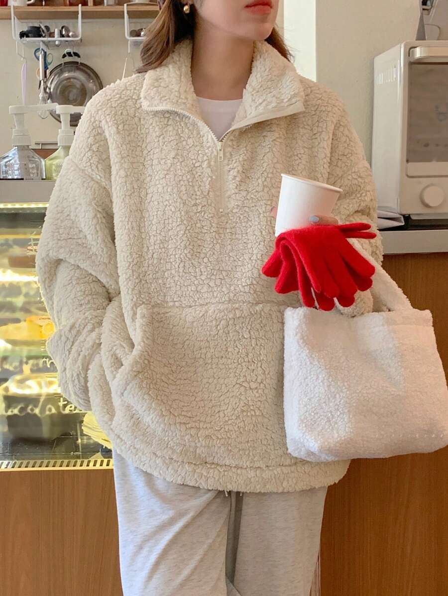 DAZY Áo nỉ dáng rộng, có khóa kéo nửa đầu, lót nhiệt, dành cho nữ mùa thu mới - trắng - Xem 1