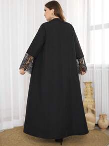 Al Najma Váy dài tay phong cách Ả Rập, hở phía trước bằng ren phối ren cỡ lớn cho nữ, váy Abaya Ả Rập thanh lịch, giản dị, mặc hàng ngày/tiệc tùng - màu đen - Xem 2