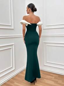 EURMUSE Two Tones Off Shoulder Ruffle Trim Bodycon Dress, Elegant Dress - Dark Green - View 2