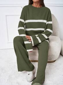 SHEIN Tall Women's Striped Drop Shoulder Sweater Two Piece Set - Khaki - View 3