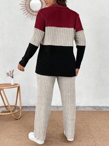 Calvaya 加大码领口拉链装饰柔软针织长袖条纹拼布T恤和柔软罗纹裤两件套