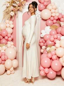 Loomaby Gender Reveal Long Sleeve Dress Maternity Elegant Simple Solid Color V-Neck Twist Front Fishtail Hem Fitted Long Sleeve Dress For Baby Shower Long Sleeve Dress For Maternity, For Maternity Dress