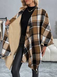 SHEIN Clasi 女式复古休闲优雅格子羊毛斗篷斗篷外套，秋冬 - 卡其色 - 查看 3