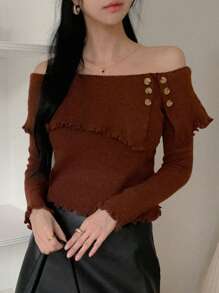 DAZY 女士修身露肩毛衣，纯色，长袖露肩毛衣，秋季服装 - 酒紅色 - 查看 2