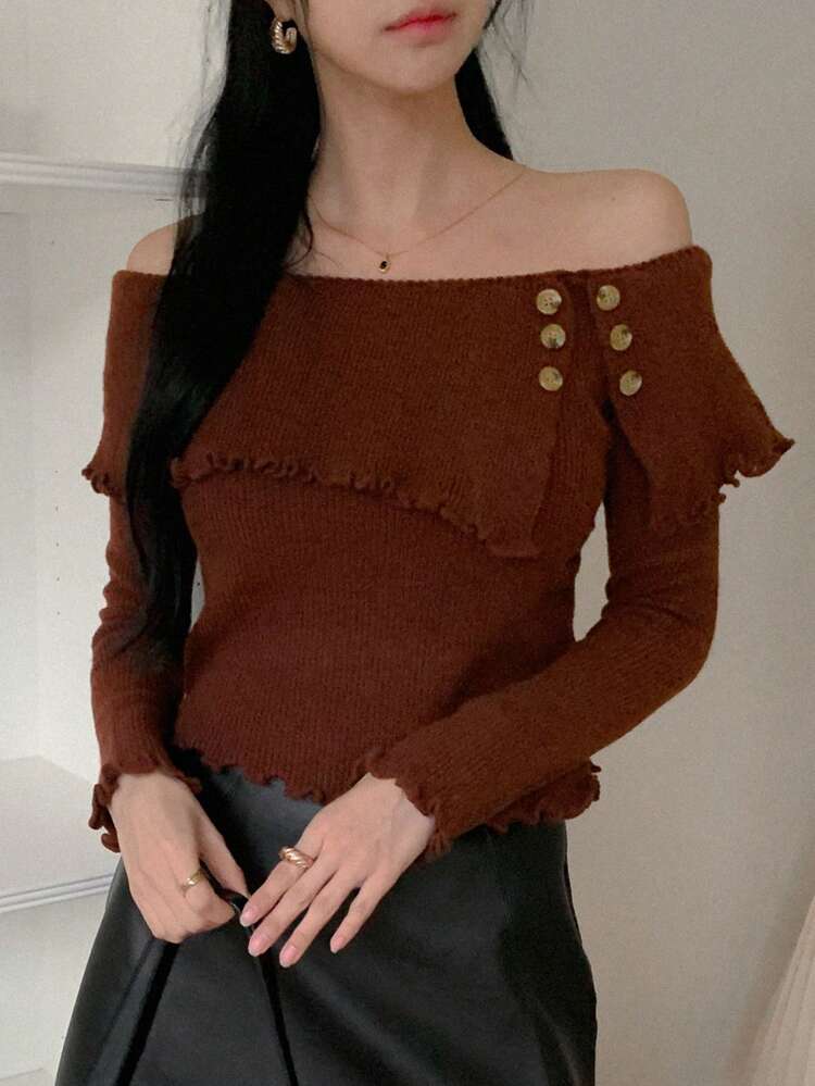 Women's Slim Off-Shoulder Sweater, Solid Color, Long Sleeve Off Shoulder Sweater,Fall Clothes