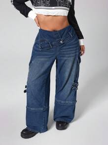 SHEIN ICON Plus Size Asymmetrical Stylish Waist Design, Multi-Pocket Cargo Jeans