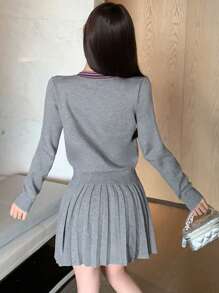 DAZY 女士新款条纹拼布前扣开衫和针织裙两件套，秋季女装女式毛衣 - 灰色 - 查看 5