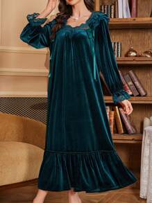 Ladies Long Sleeve Velvet Nightgown With Lace Splice, Square Neckline, Satin Ribbon And Bow Decor, For Fall Winter - Dark Green - View 6