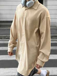 Manfinity VCAY 1 件男士编织时尚休闲宽松长袖纽扣大码衬衫，适合日常穿着