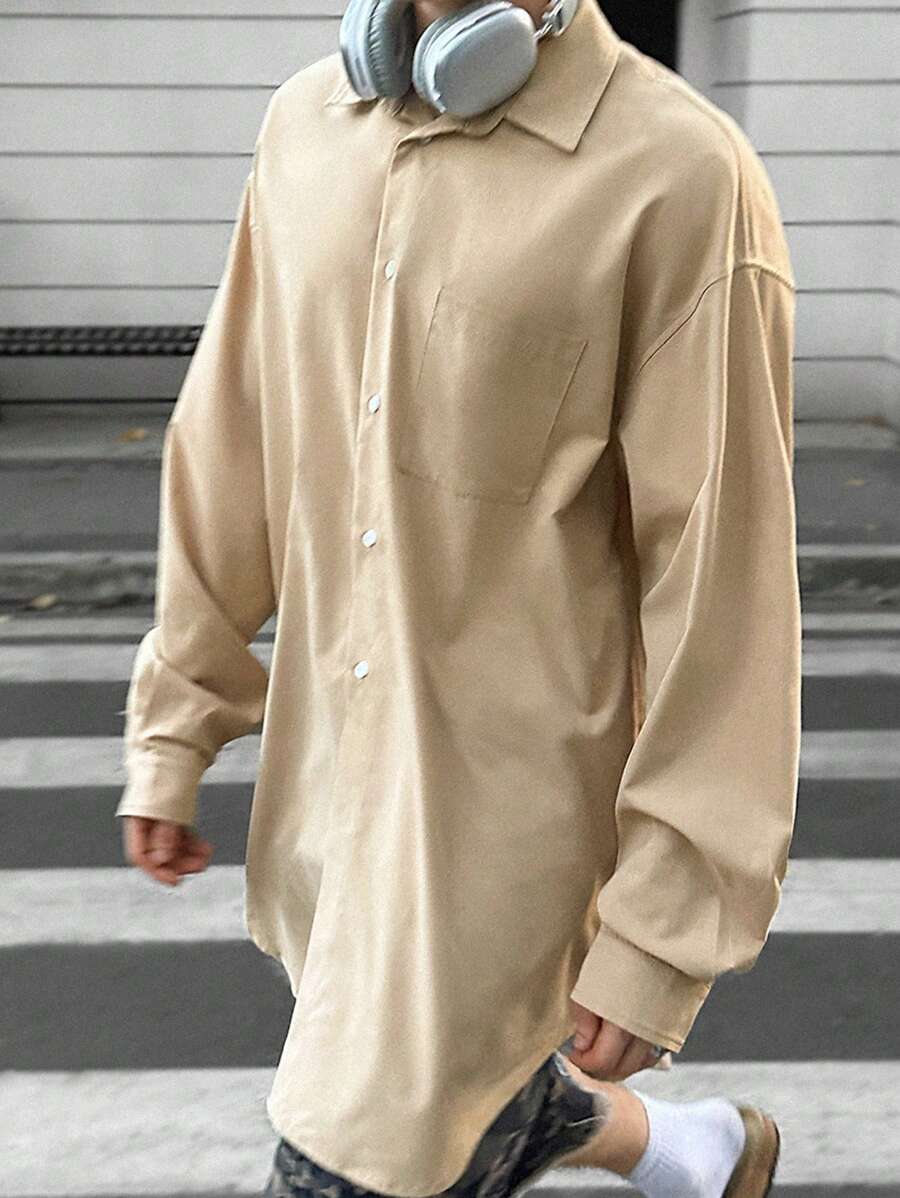 Manfinity VCAY 1 件男士编织时尚休闲宽松长袖纽扣大码衬衫，适合日常穿着