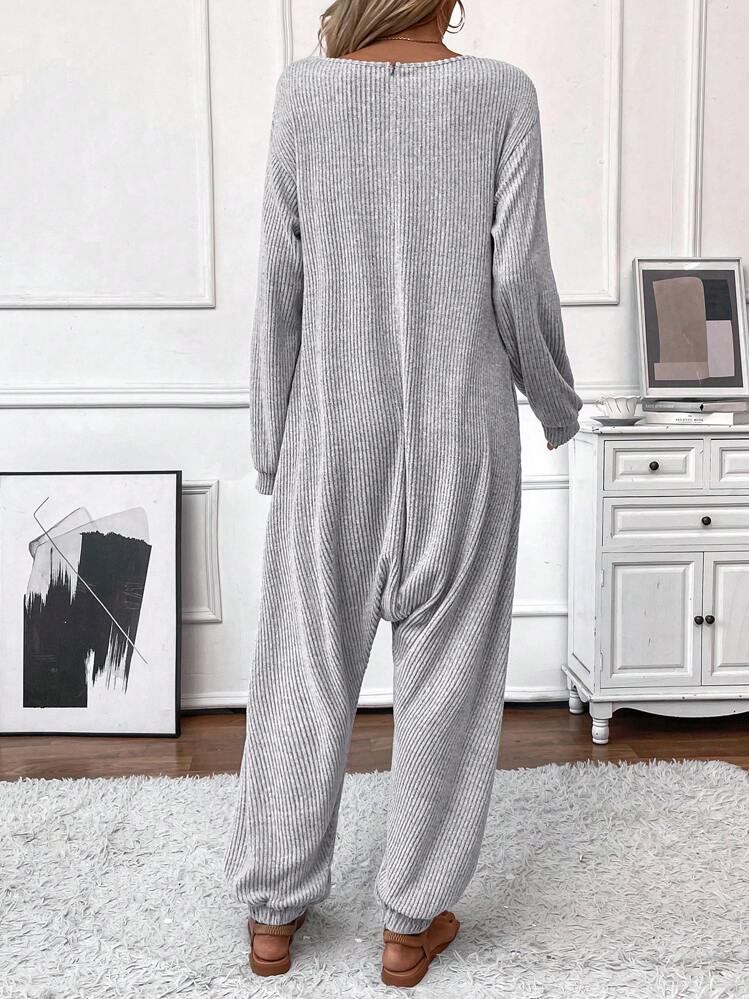 SHEIN LUNE Bộ đồ liền thân thường ngày dài tay có túi cổ tròn có gân dành cho nữ, mới cho mùa thu - Xám - Xem 2