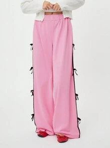 SHEIN EZwear Women Drawstring Waist Loose Fit Wide Leg Casual Sweatpants - Coral Pink - View 4