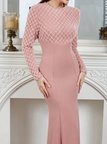 Modelyn 紧身性感长袖毛茸茸拼布紧身连衣裙女士长款晚礼服 - 粉色 - 查看 5