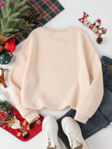 INAWLY 女士圣诞标语印花圆领宽松休闲卫衣，秋冬套头衫 - 杏色 - 查看 2
