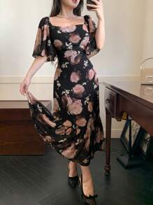 xheDAZY Vestido de gasa con estampado floral diminuto, cuello cuadrado, ribete de volantes y bajo de cola de pez, elegante conjunto de vacaciones de verano para mujeres, estilo boho para Pascuaxhe - Rosa Oxidada - Ver 9