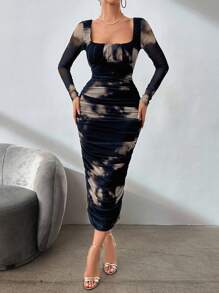 EURMUSE Square Neck Tie Dye Slim Fit Dress - Multicolor - View 3