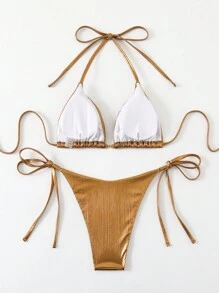2pcs/Set Women Summer Metallic Triangle Bikini Top And Side Tie Bottoms Swimwear Set For Beach - Rust Brown - View 2