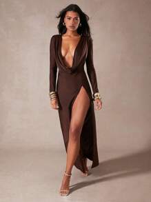 Hauture 前深褶领高开衩连衣裙 - 卡其色 - 查看 6