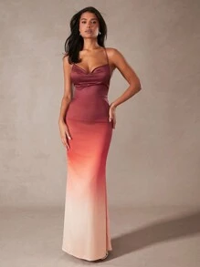 Hauture Vestido casual de otoño elegante para mujer con efecto ombré, plisado y bajo de sirena con espalda descubierta