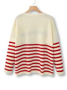 SHEIN LUNE Plus Size Women Colorblock Knit Sweater With English Letter Embroidery And Button Closure, Versatile Casual Style For Autumn/Winter Knit Pullover Fall - Multicolor - View 2