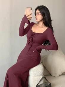 DAZY Váy dài ôm vừa vặn mới cho nữ, mùa thu, váy Milkmaid, quần áo mùa thu cho nữ váy dài tay màu đỏ cho nữ - Màu Đỏ Sâu - Xem 5
