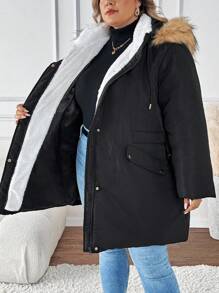 SHEIN CURVE+ Manteau matelassé à capuche, en patchwork moelleux avec poches, pour femmes en grande taille pour l'hiver