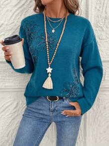 EMERY ROSE 女士花卉图案圆领落肩长袖休闲毛衣，秋冬 - 水鴨藍 - 查看 6