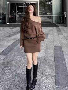 SHEIN ICON 1pc Women Solid Round Neck Batwing Long Sleeve Slim Knitted Sweater Dress, Autumn/Winter Fall Cloth For Women