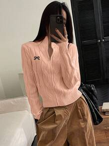 DAZY 女式黑色蝴蝶结印花休闲商务开衫，秋装夹克 - 粉色 - 查看 3